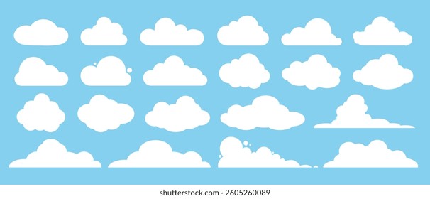 A set of white clouds of different shapes on a blue background. Vector illustration.