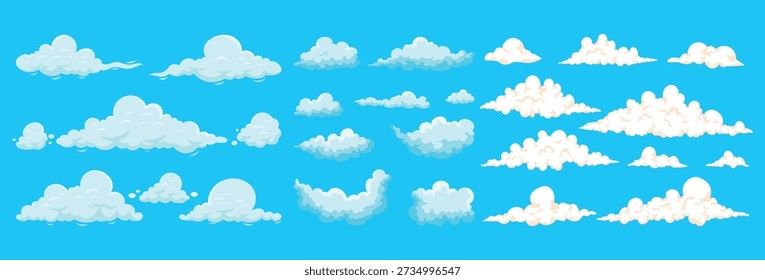 Conjunto de nubes blancas en diferentes Formas y tamaños. Conjunto de Vector plano de colección de nube de dibujos animados