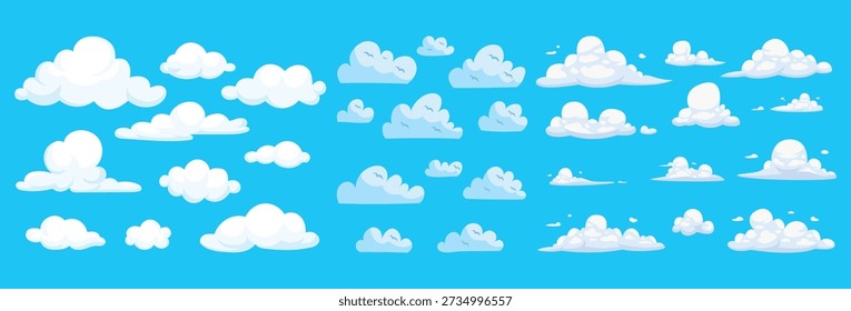 Conjunto de nuvens brancas em diferentes formas e tamanhos. Conjunto de vetores planos de coleção de nuvens de desenhos animados