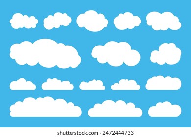 A set of white clouds in a flat design is isolated on a blue background.