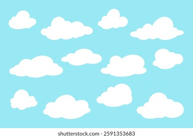 A set of white clouds flying on a sky-blue background, hand-drawn, isolated, vector illustration, flat design. Decorative simple blank design element for decoration, cover. Text field, bubble