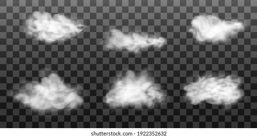 Set of  white clouds gas, smoke or steam. Vector illustration, isolated on transparent background.