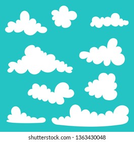 Set of white clouds icon on blue background,vector illustration. Cloud symbol or logo. Icon, shape, label. For web and print. Stylized cartoon.