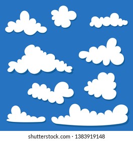 Set of white clouds icon on blue background,vector illustration.Symbol or logo.Shape, label. For web and print. Stylized cartoon.Funny style