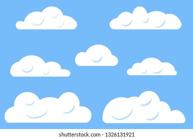 Set of white clouds isolated on blue background. Collection of flat clouds. Can be used for wallpaper, poster, card, booklet, web sites