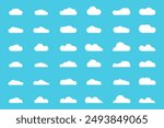 Set of white clouds on blue sky background. Cloudscape illustration. Art collection of vector icons in flat style