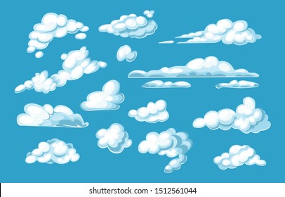 Set white clouds on blue sky background. Cartoon cloud differents shapes, thunderclouds in blue sky. Vector cloudy landscape isolated for 2d game elements