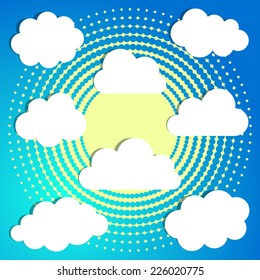 Set of white clouds on blue halftone background
