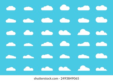 Set of white clouds on blue sky background. Cloudscape illustration. Art collection of vector icons in flat style