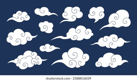 Set of white clouds on blue background in asian style. Hand drawn vector illustration.