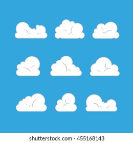 Set of white clouds on blue background. Flat sky illustration, for web, art and app design. Vector Illustration