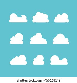 Set of white clouds on blue background. Flat sky illustration, for web, art and app design. Vector Illustration