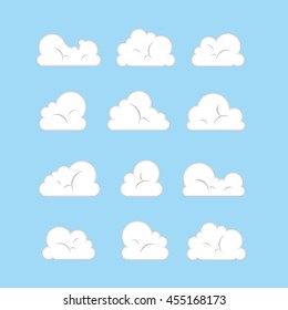Set of white clouds on blue background. Flat sky illustration, for web, art and app design. Vector Illustration