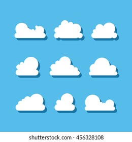 Set of white clouds on blue background. Flat sky illustration, for web, art and app design. Vector Illustration