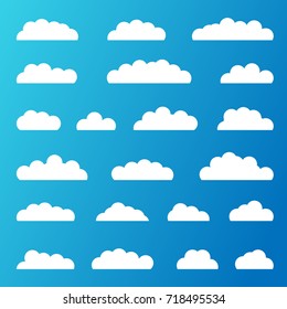 Set of White Clouds on a Blue Background. Vector Illustration. Collection cloud graphic element for Web, App design. Flat nature Cloudscape Weather Symbols