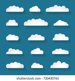 Set of White Clouds on a Blue Background. Vector Illustration. Flat Style. Collection of Clouds. Decorative Graphic Elements