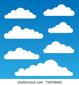 Set of White Clouds on a Blue Background. Vector Illustration. Collection of Graphic Elements for Web, Application Design. Flat Style. Weather Symbols.