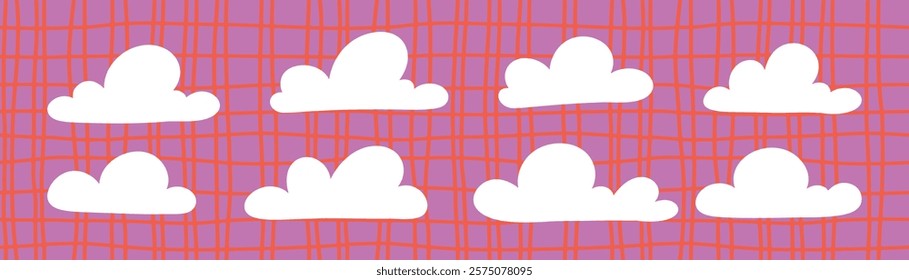 A set of white clouds on a checkered pink background. Cloud drawn by hand. Vector illustration in child style