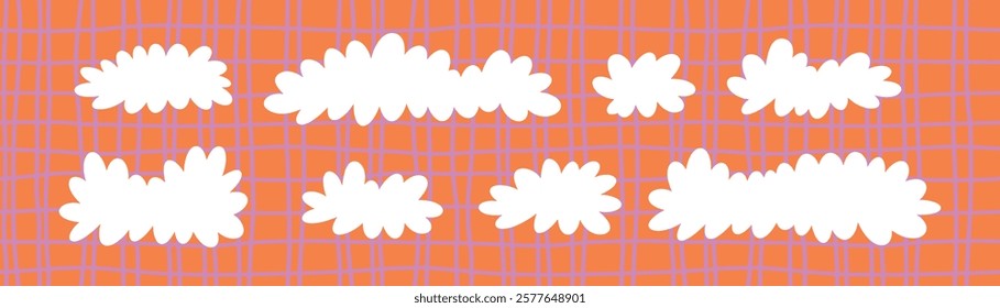 A set of white clouds on a checkered red background. Cloud drawn by hand. Vector illustration in child style