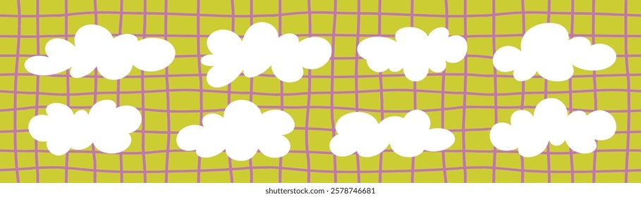 A set of white clouds on a checkered yellow background. Cloud drawn by hand. Vector illustration in child style