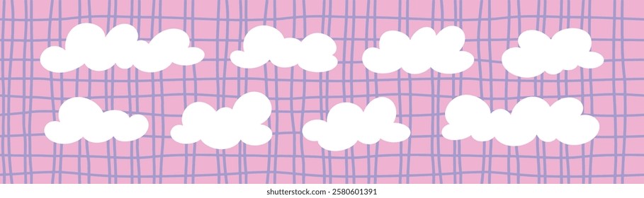 A set of white clouds on a checkered pink background. Cloud drawn by hand. Vector illustration in child style. Cloud doodles.