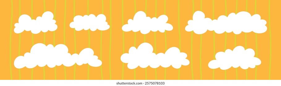 Set of white clouds on striped yellow background. Cloud drawn by hand. Vector illustration in child style