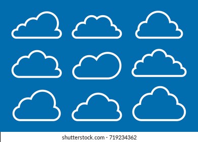 Set of white clouds with outline collection vector icons isolated on blue background
