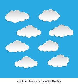 Set of white clouds paper collection on blue background