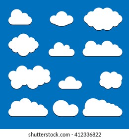 Set of white clouds with shadow isolated on blue background. Trendy modern flat sign Collection for your design, website, web button, banners, mobile app. Vector internet  logo. Network illustration.