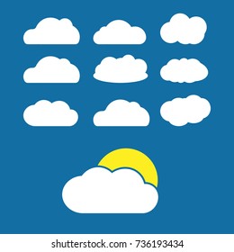 Set of white clouds with sun - collection vector icons isolated on blue background
