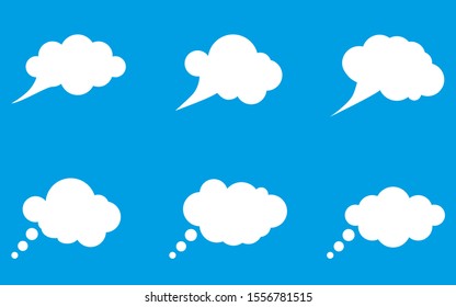 Set of white clouds for thoughts, messages and other records isolated on blue background. Vector illustration