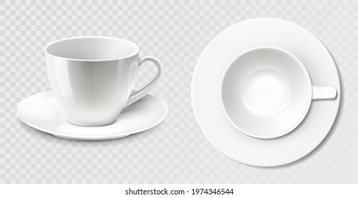 Set of white сeramic coffee cup or mug with saucer. Сlassic porcelain utensils. Vector 3d realistic isolated on white background. Tea, coffee, cappuccino, a cup of latte. top view, side view.