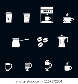 A set of white coffee flat style icons on dark background