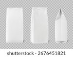 Set of White Coffee Packaging Bag Mockups – Front, Side and Angled Views – Vector