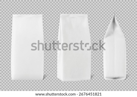 Set of White Coffee Packaging Bag Mockups – Front, Side and Angled Views – Vector