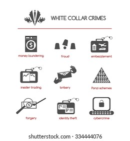 Set of white collar crime icons featuring such concepts as fraud, bribery, Ponzi schemes, insider trading, embezzlement, cybercrime, money laundering, identity theft, and forgery.