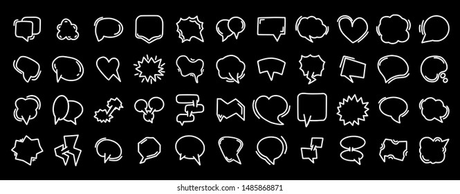 Set of white color hand drawn chat communication balloons, dialog speech bubbles icon set on black background