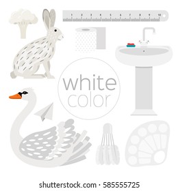 Set of white color items: hare, swan, sink, fan, shuttlecock, ruler, cauliflower, paper airplane