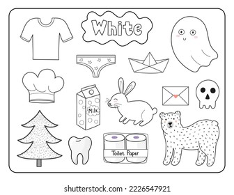 Set of white color objects. Primary colors flashcard with white elements. Learning colors for kids. Vector illustration