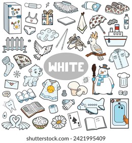 Set of white color objects. Visual dictionary for children about the basic colors. Square cartoon sheet with isolated images to learning for kindergarten and preschool learning