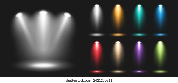 A set of white and colored luminous transparent lighting effects on a black background. An illuminated stage, a collection of spotlights. Studio lighting. Vector EPS 10.