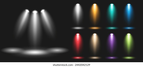A set of white colored spotlights, lighting the stage with the light of lighting fixtures on a black background. Bright lighting with floodlights. Vector light sources. Vector EPS 10.