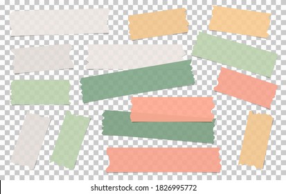 Set of white and colorful different size adhesive, sticky, masking, duct tape, paper pieces are on squared transparent background