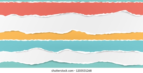 Set of white and colorful horizontal ripped paper strips, torn note paper for text or message on turquoise squared background