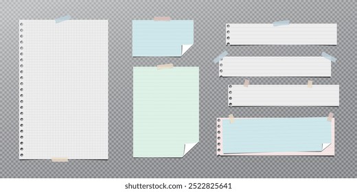 Set of white and colorful note, notebook paper are on grey transparent background for text or ad.