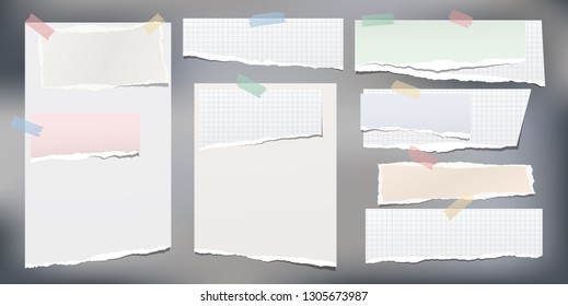 Set of white and colorful ripped notebook paper, torn note paper strips stuck with sticky tape on grey background. Vector illustration