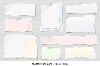 Set of white and colorful ripped notebook paper, torn note paper strips stuck with sticky tape on lined background. Vector illustration