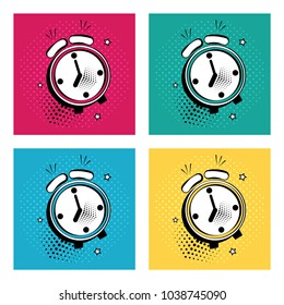 Set of white comic alarm clock with stars on colorful background in pop art style. Vector illustration