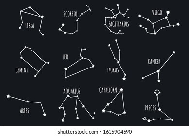 Set of white constellations on dark background. Zodiac star sign.