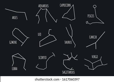 Set of white constellations on dark background. Zodiac star sign on the sky illustration